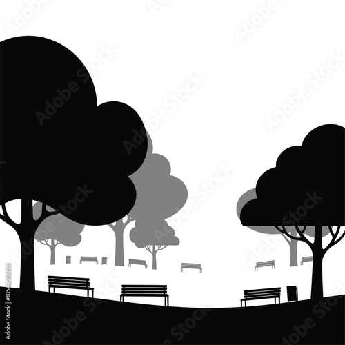 A peaceful park scene with trees benches and a striking dark silhouette
