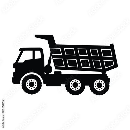 A black silhouette of a large dump truck with a raised bed industrial transport silhouette