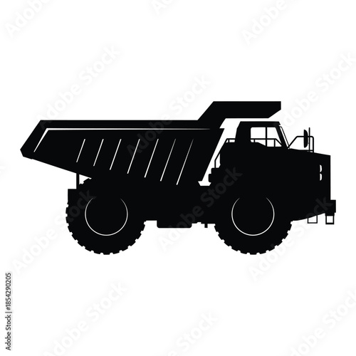A striking black silhouette of a large dump truck powerfully conveying industrial strength silhouette