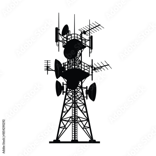 Detailed depiction of a communication tower with numerous antennas a striking silhouette