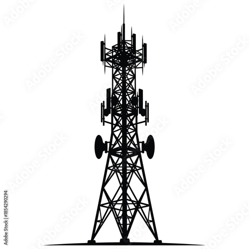 A tall communication tower stands prominently against a plain white background silhouette