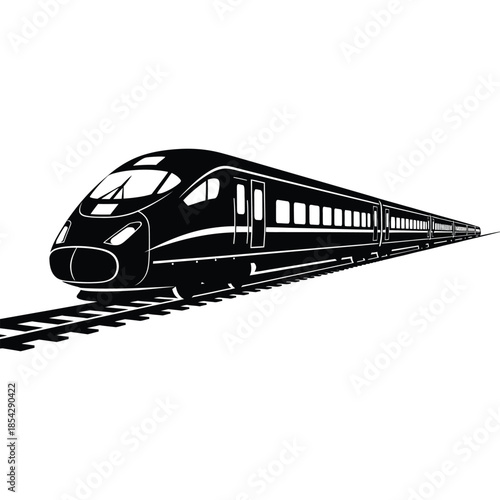 A sleek high speed train moving along railway tracks a striking black silhouette