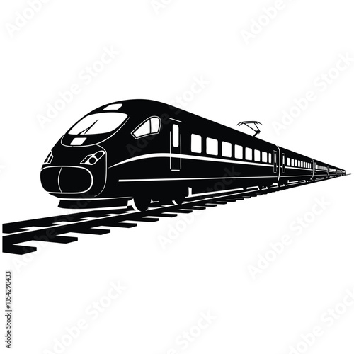 A sleek high speed train traveling on railway tracks a dramatic black silhouette