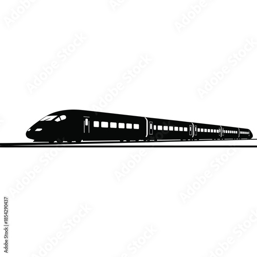A sleek modern high speed train depicted in a striking black and white silhouette