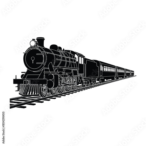 Vintage steam train traveling on tracks a detailed black and white illustration silhouette