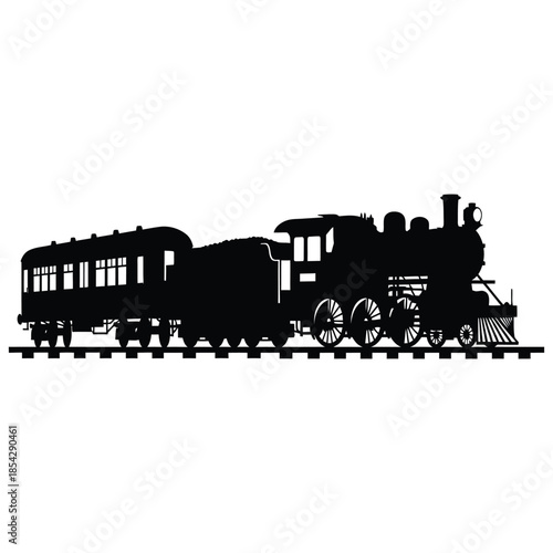 Vintage steam train with passenger cars depicted in a striking black silhouette