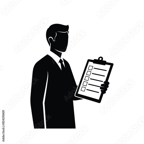 A businessman holding a clipboard reviewing tasks a striking black and white silhouette