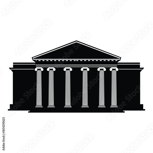 Classical building with prominent columns depicted in a striking black silhouette
