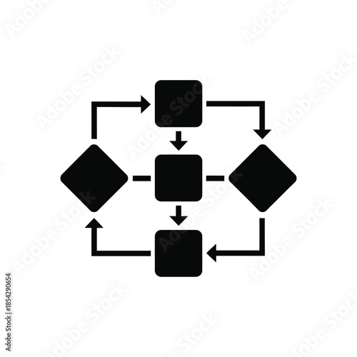 A cyclical process flow diagram with squares diamonds and arrows a dark silhouette