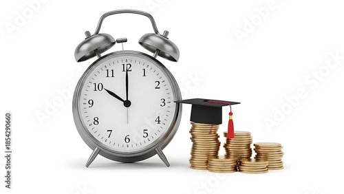Alarm clock, graduation cap and coins
