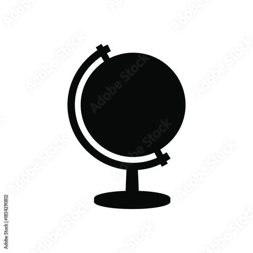 A simple black globe icon design with a stand representing world geography silhouette