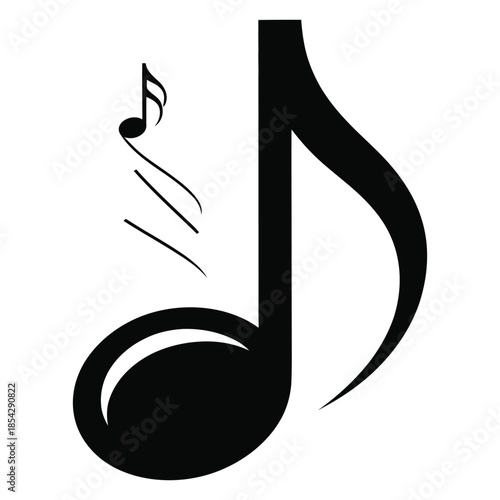 Black musical eighth note and sixteenth note with sound waves, simple music symbol, rhythm graphic element, isolated white background