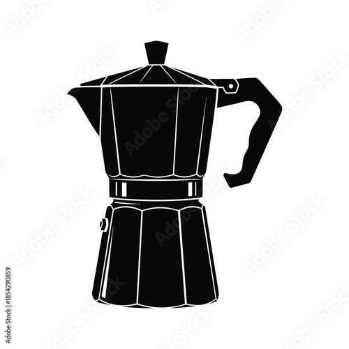 A striking black and white illustration of a classic italian stovetop espresso maker silhouette