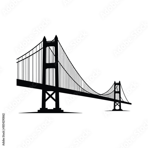 A striking black and white depiction of a suspension bridge a bold silhouette