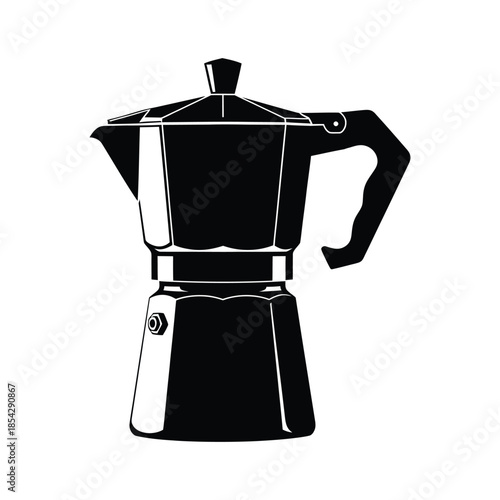 A striking black and white illustration of a classic stovetop espresso maker silhouette