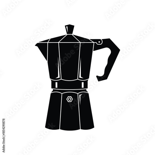 A striking black and white image depicting a classic italian stovetop espresso maker silhouette