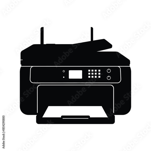 Detailed black silhouette of a modern all in one printer on a white background silhouette