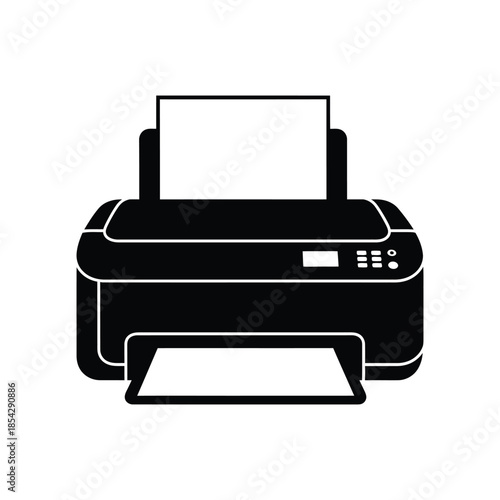A minimalist black and white depiction of a modern printer in silhouette