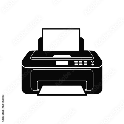 A black and white illustration of a modern printer in a bold silhouette