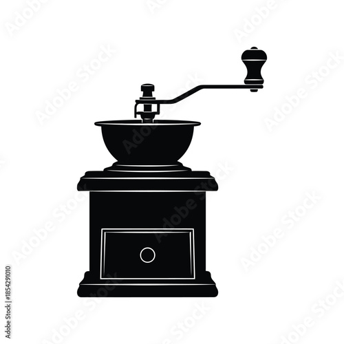 A classic vintage coffee grinder in a bold dark black silhouette