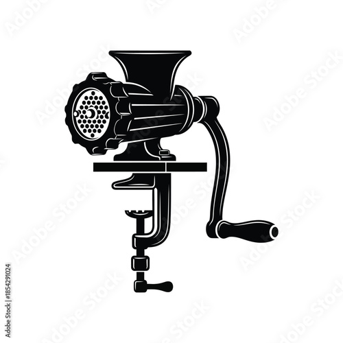 Detailed illustration of a vintage meat grinder showcasing its mechanical design silhouette