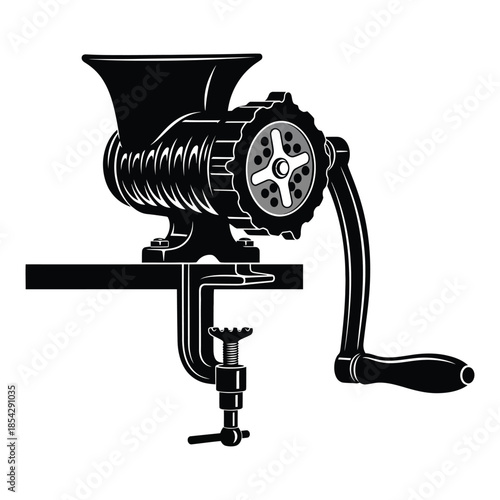 Vintage meat grinder illustration a classic kitchen tool depicted in stark black silhouette