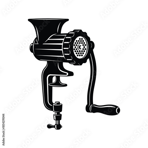 Vintage meat grinder illustration a classic kitchen tool in detailed black silhouette