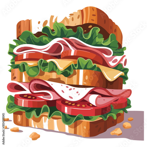 Delicious double decker club sandwich with fresh ingredients like ham, turkey, lettuce, tomato, cheese, and bacon on toasted bread ready to eat