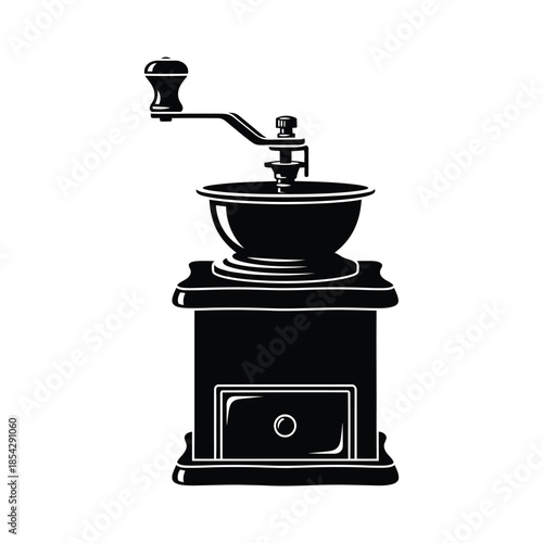 Vintage coffee grinder illustration with detailed mechanics a classic kitchen tool silhouette