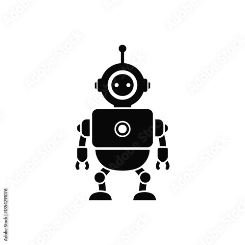 A simple black robot icon featuring a rounded head and body in silhouette