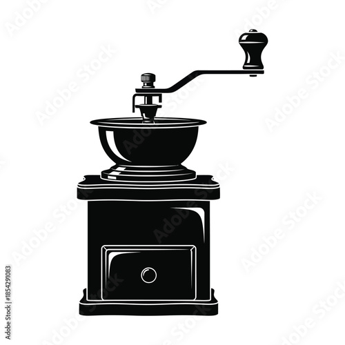 Vintage coffee grinder illustration a classic kitchen tool in black and white silhouette