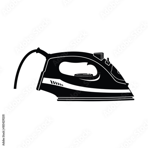 A detailed black and white illustration of a household clothing iron silhouette
