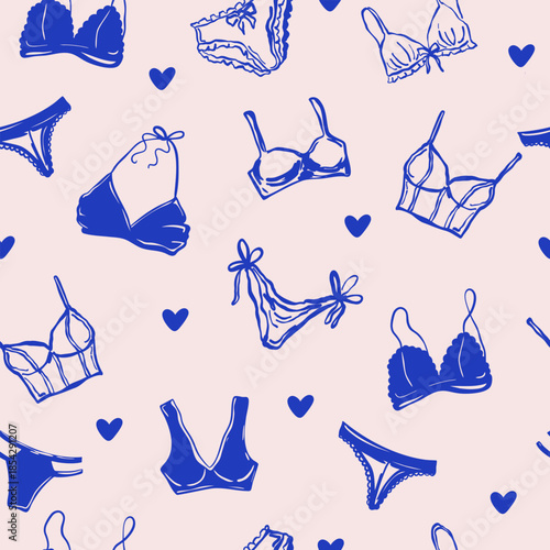 Hand drawn vector seamless pattern of female underwear. Illustration includes various bra styles, sports bras, panties, and lingerie tops. Perfect for fashion, branding, and design.