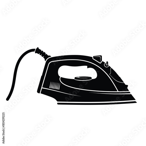 A striking black and white image of a household clothing iron a detailed silhouette