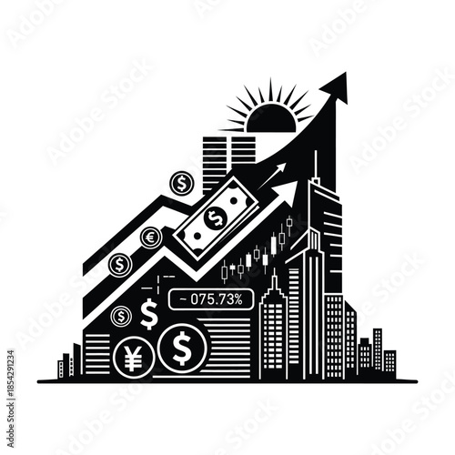 Financial growth illustration depicting cityscape rising graph and currency a striking silhouette