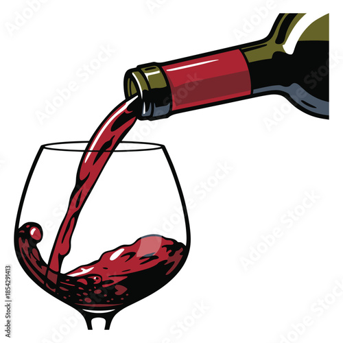 Red wine pouring from bottle into a wine glass isolated on white background, vibrant alcoholic beverage with splashing liquid, vintage style vector illustration