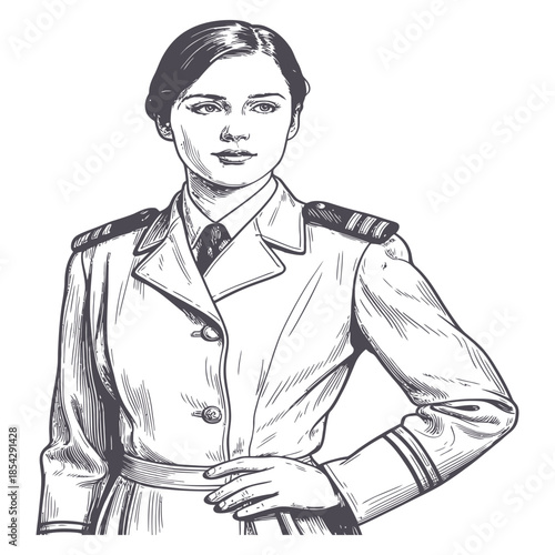 Serious female pilot or captain in vintage uniform professional woman officer with shoulder epaulets formal attire and determined expression drawing ink illustration