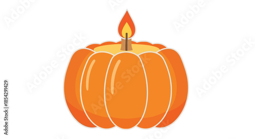 A vibrant orange pumpkin shaped candle with a glowing flame on top