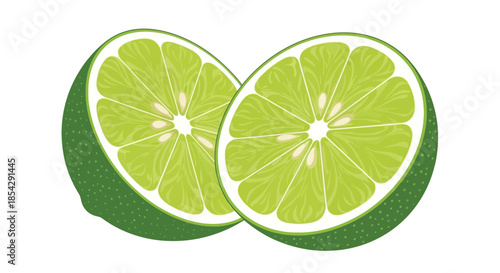Two vibrant lime halves cut open showcasing their bright green flesh
