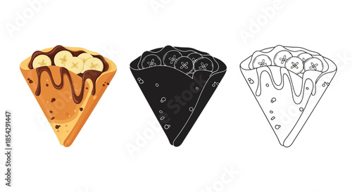 Three variations of a crepe filled with banana and drizzled with chocolate