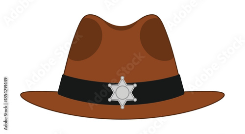 A simple illustration of a brown cowboy hat with a sheriff s badge