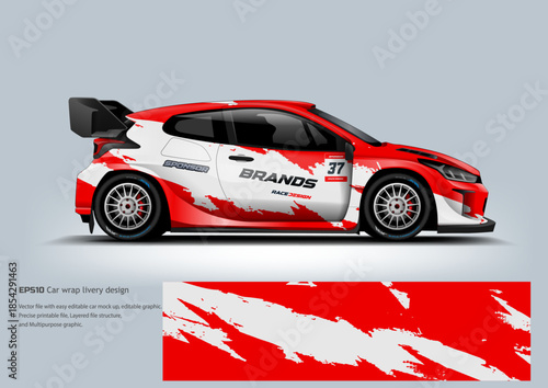 A clean red and white racing wrap featuring sharp lines and professional motorsport styling ideal for competitive branding.
