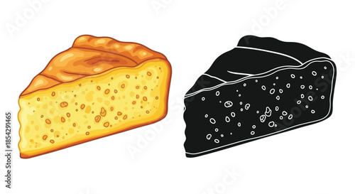 A colorful slice of cake alongside its monochrome illustrative counterpart