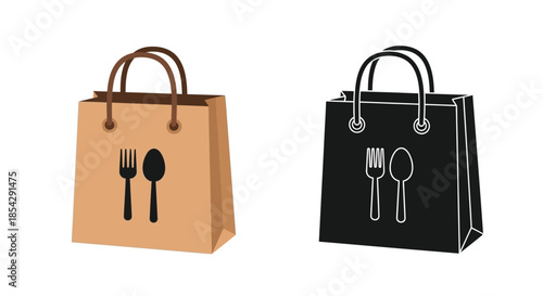 Two paper shopping bags with cutlery icons representing food delivery or takeout