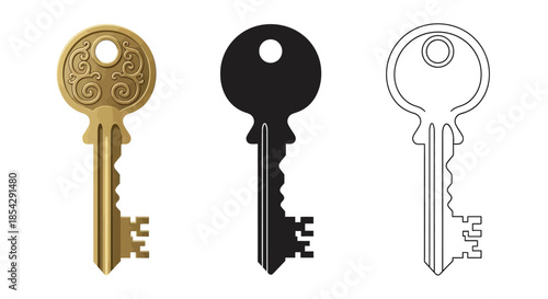 Three keys in different styles gold black silhouette and line art