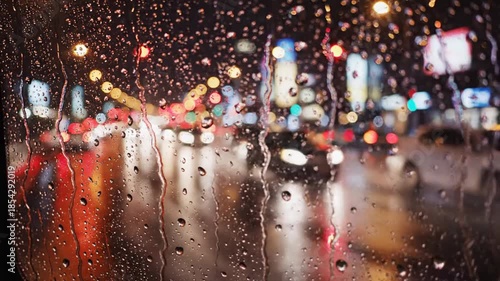 Rainy night city view through a wet window with blurred lights and reflections.