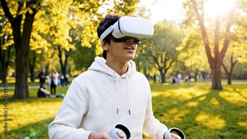 Excited Person Experiencing Virtual Reality Outdoors in a Sunny Park Environment.
