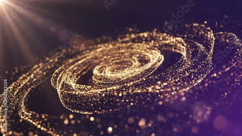 Abstract golden spiral galaxy with particles and light effects in space.