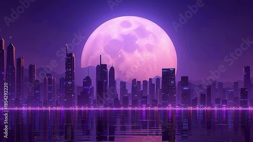 Futuristic cityscape reflecting on water under giant pink moon
