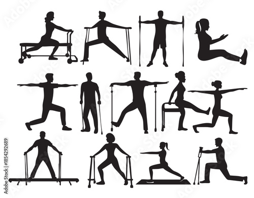 Rehabilitation and Physiotherapy Silhouettes on White Background Vector Fully Editable Smart Object Text Effect
